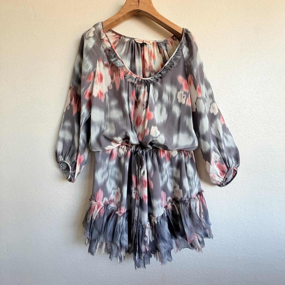 Rebecca Taylor 100% Silk Floral Ruffle Mini Dress Gray Raw Edge Boho Size 0